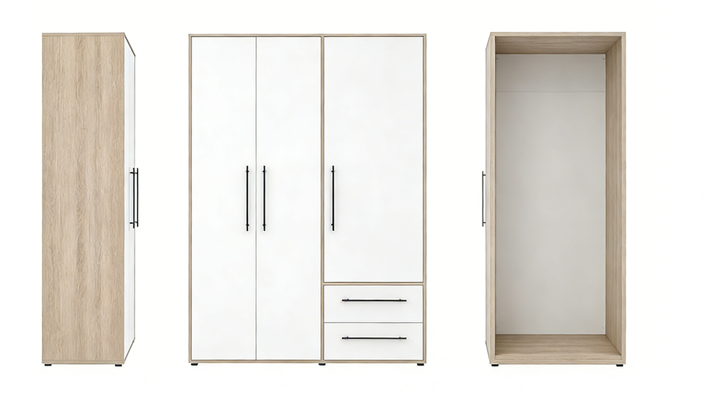 Dreitüriger Kleiderschrank Weiß-Eiche Kombination - Natur & Modern