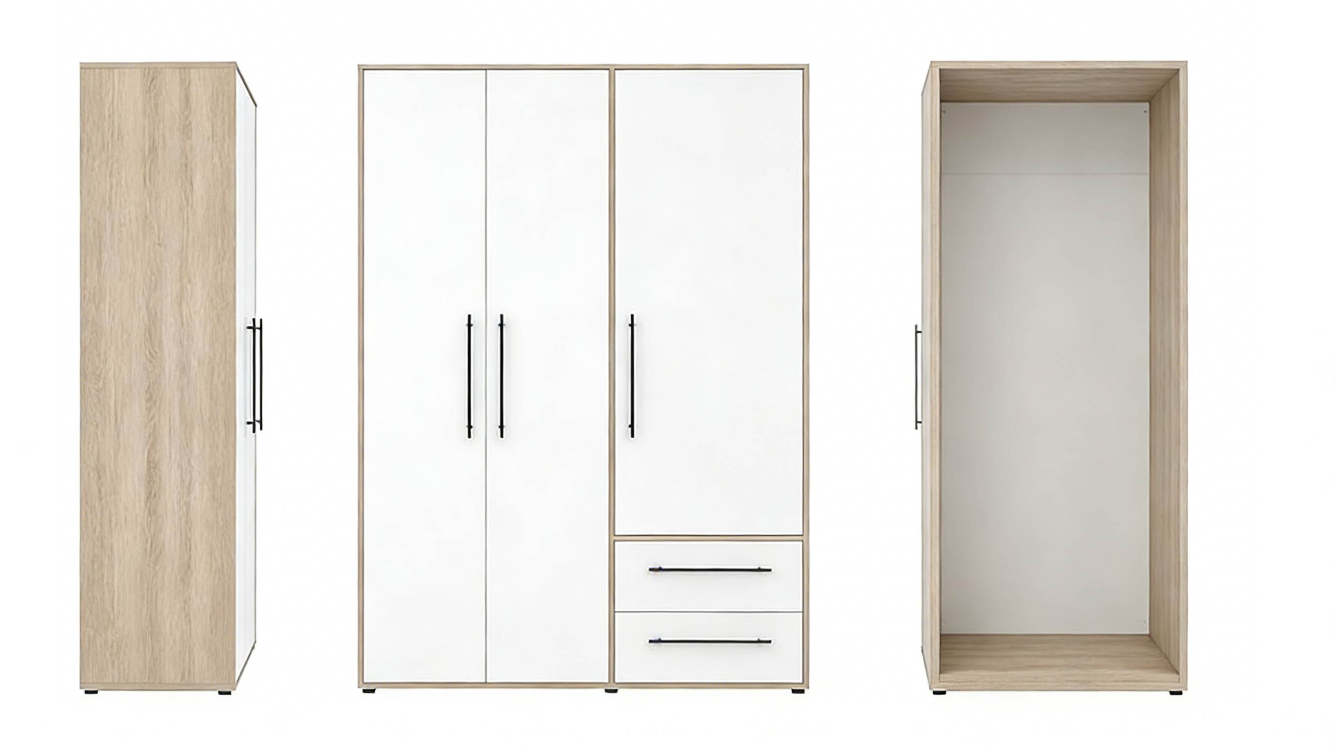 Dreitüriger Kleiderschrank Weiß-Eiche Kombination - Natur & Modern