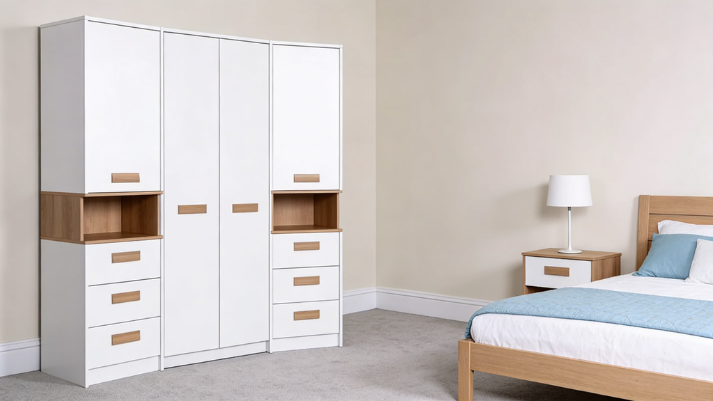 Eckschlafzimmerschrank Weiß-Eiche - Raumwunder