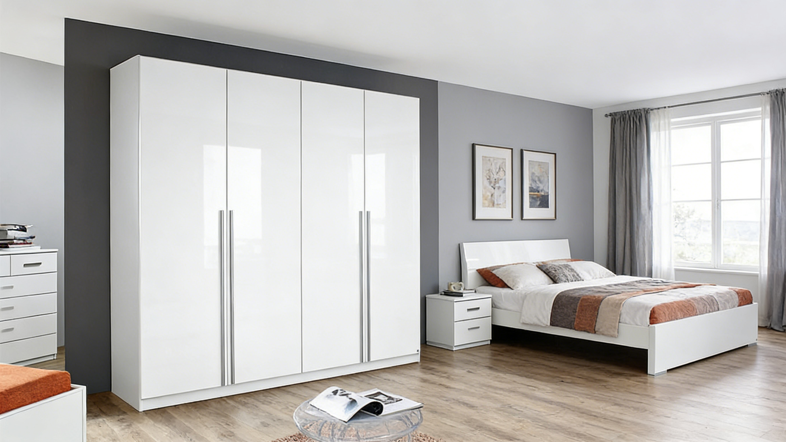 Hochglanz Kleiderschrank 4-türig mit LED-Beleuchtung