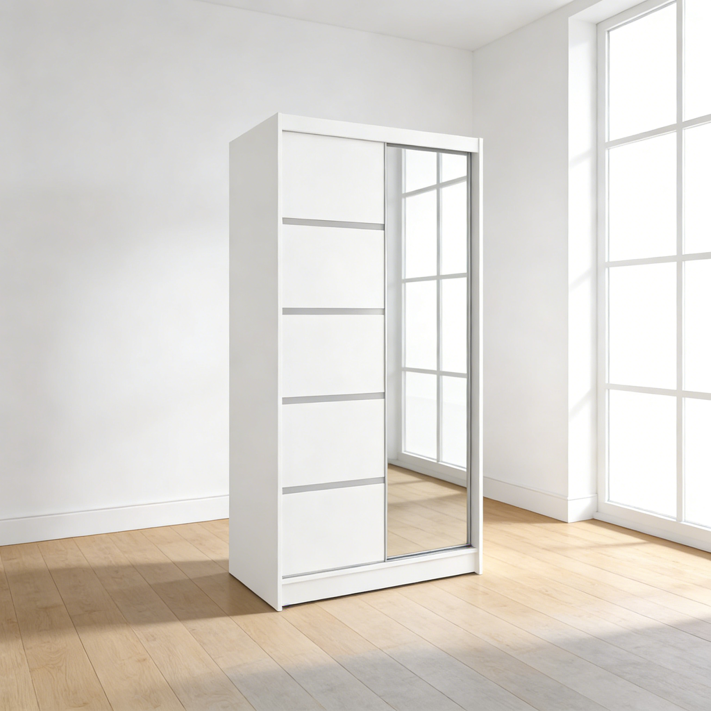 Schwebetürenschrank 100 cm mit Spiegeltür - Schmal & Funktional