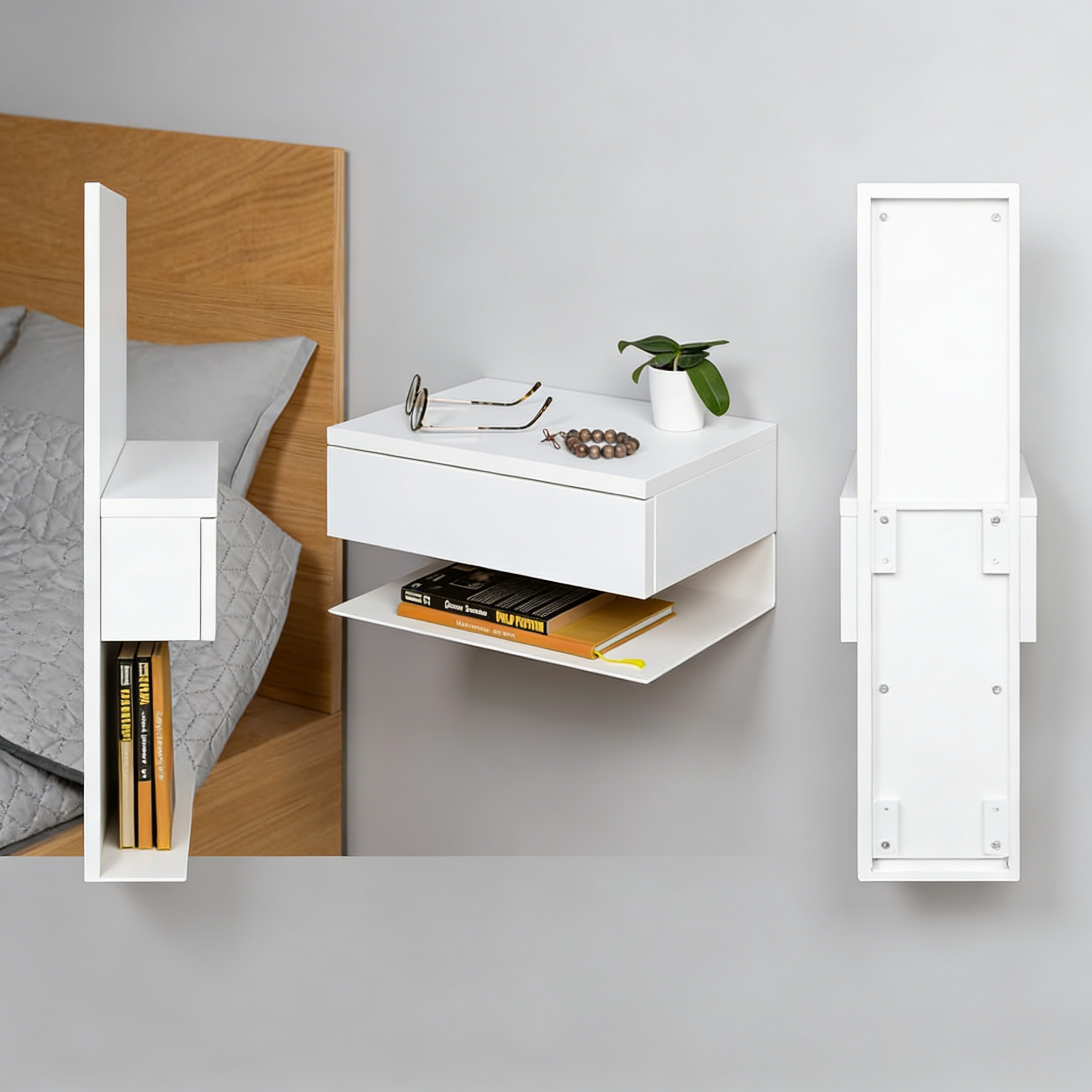 H?ngender Nachttisch zur Wandmontage in Weiß