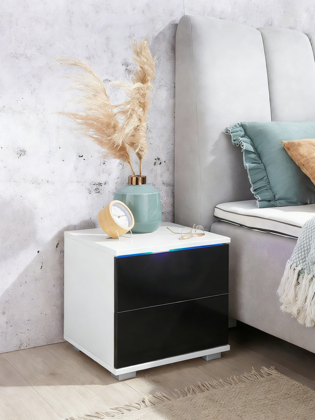 Nachttisch Hochglanz-Weiß mit LED-Beleuchtung