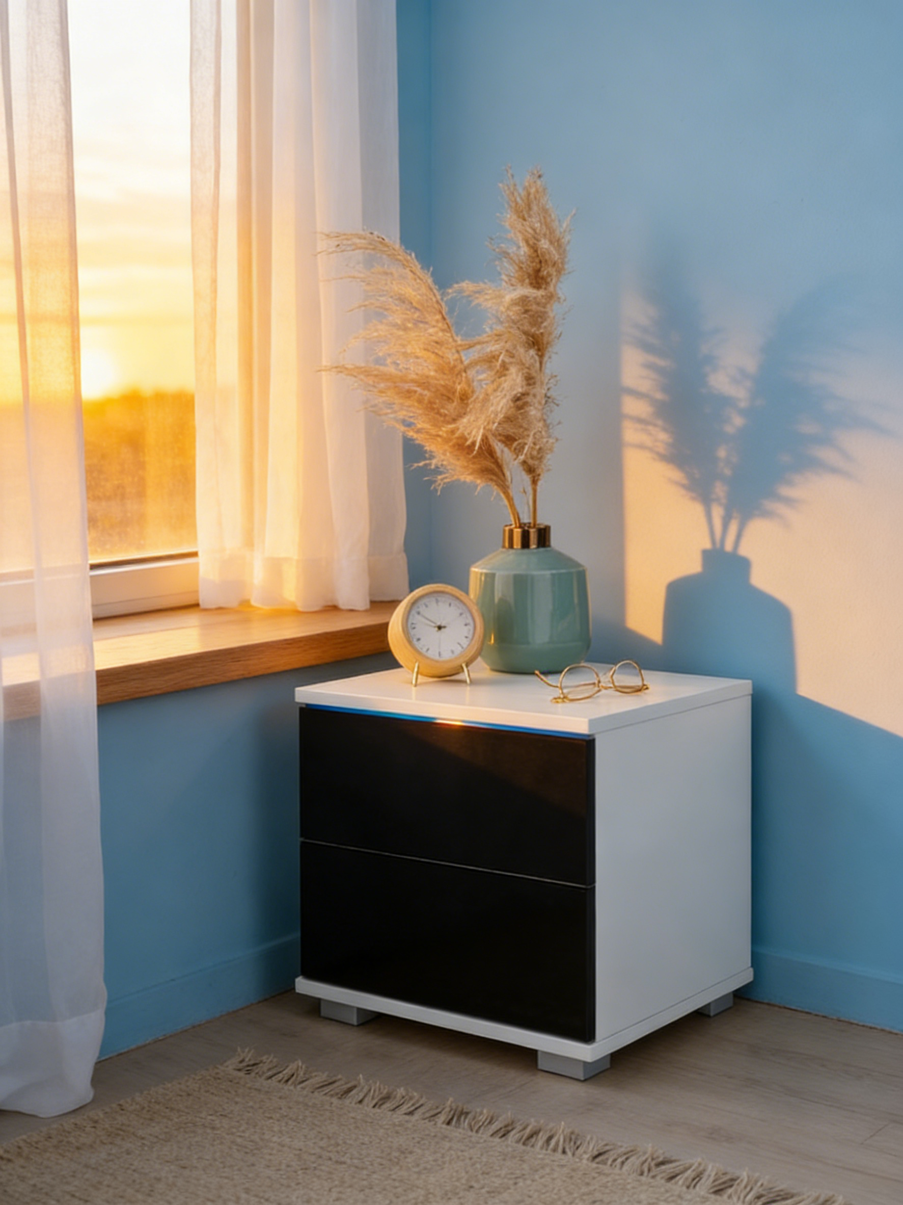 Nachttisch Hochglanz-Weiß mit LED-Beleuchtung