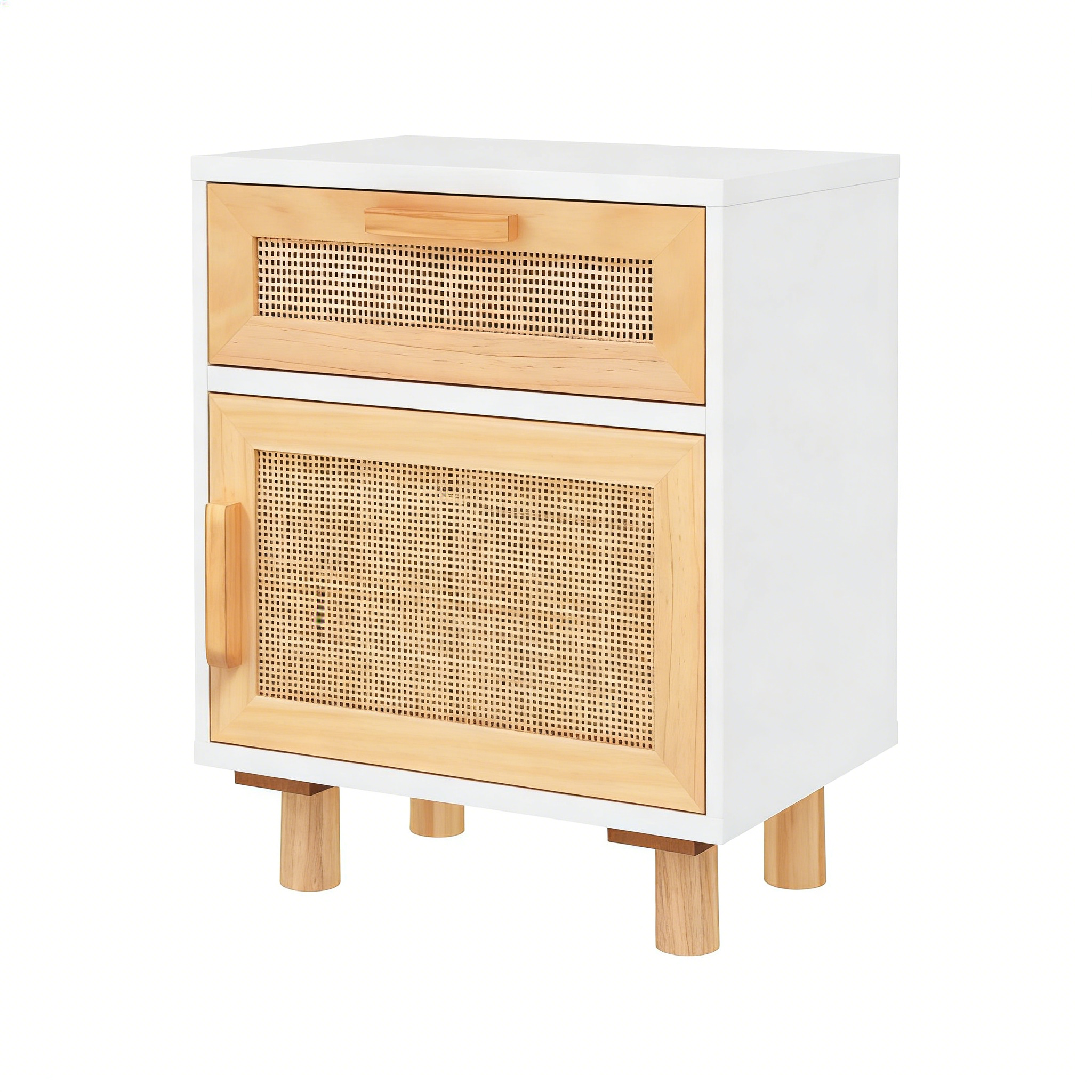 Nachttisch Massivholz Kiefer Weiß mit Rattan