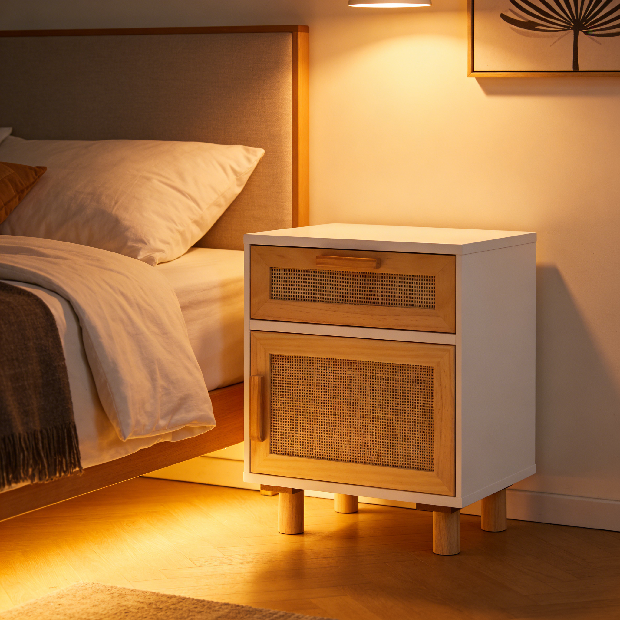 Nachttisch Massivholz Kiefer Weiß mit Rattan