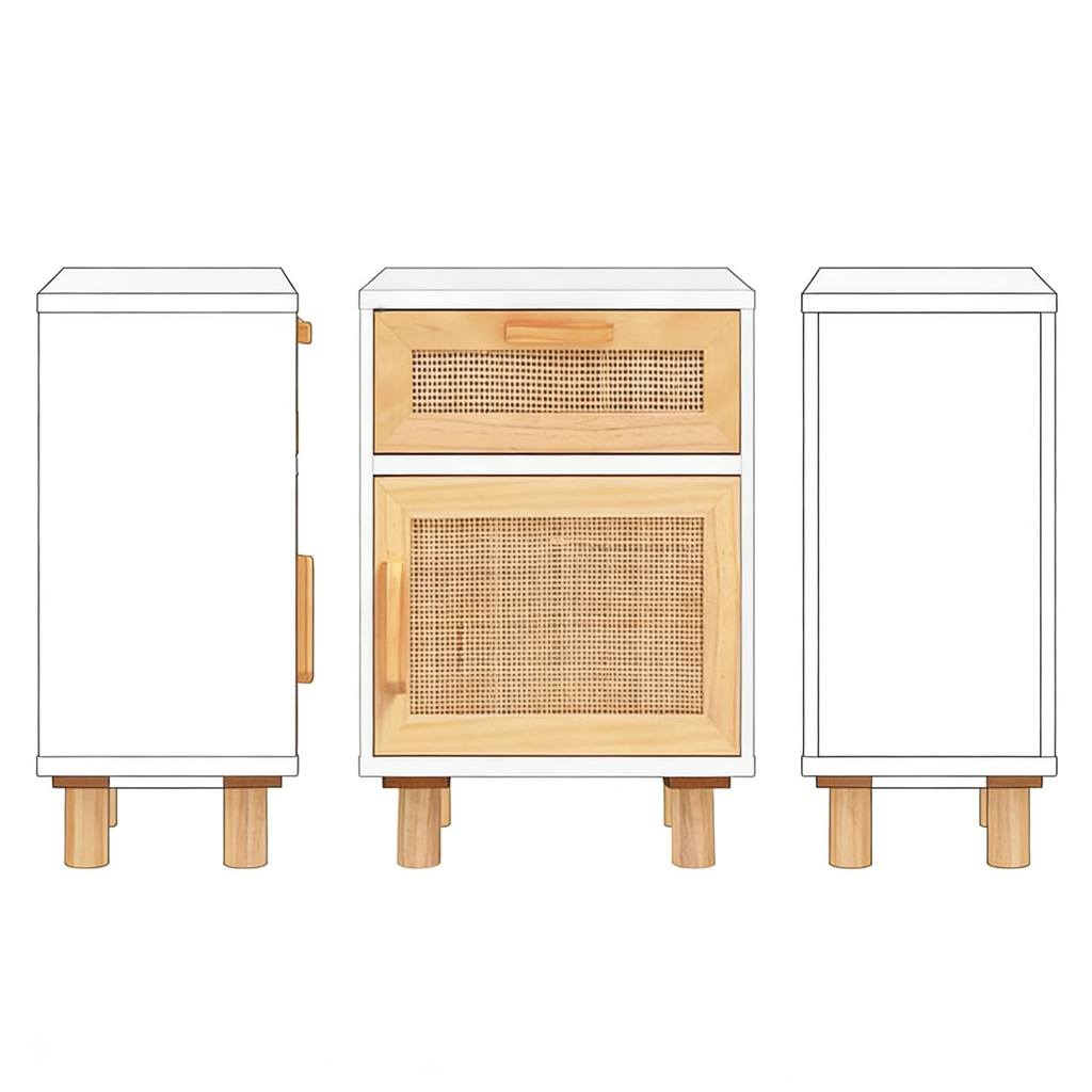 Nachttisch Massivholz Kiefer Weiß mit Rattan