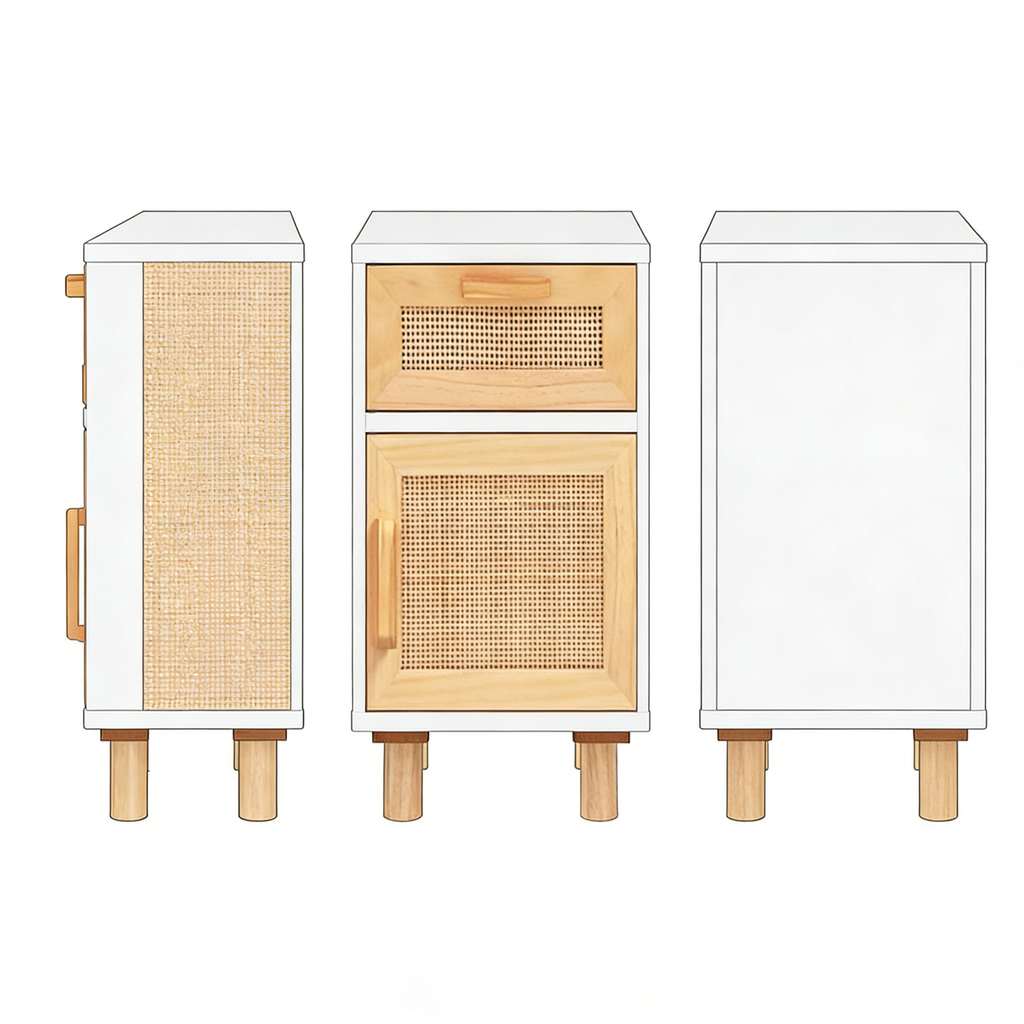 Nachttisch Massivholz Kiefer Weiß mit Rattan