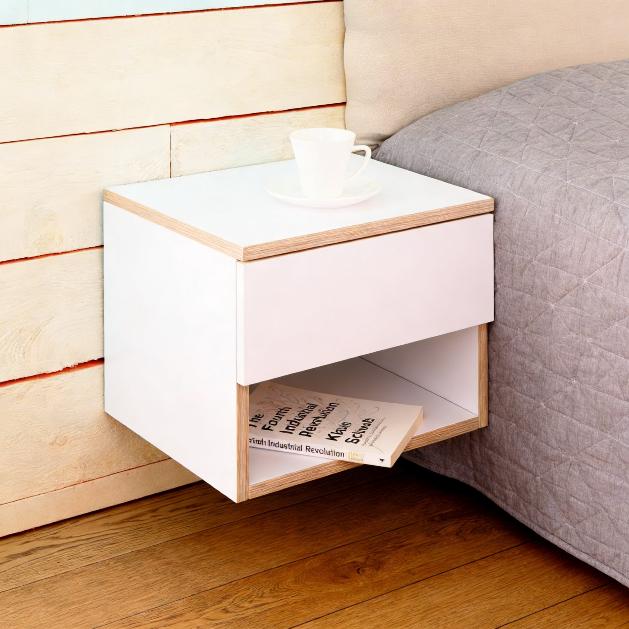 Nachttisch mit Schublade Holz-Weiß Kombination