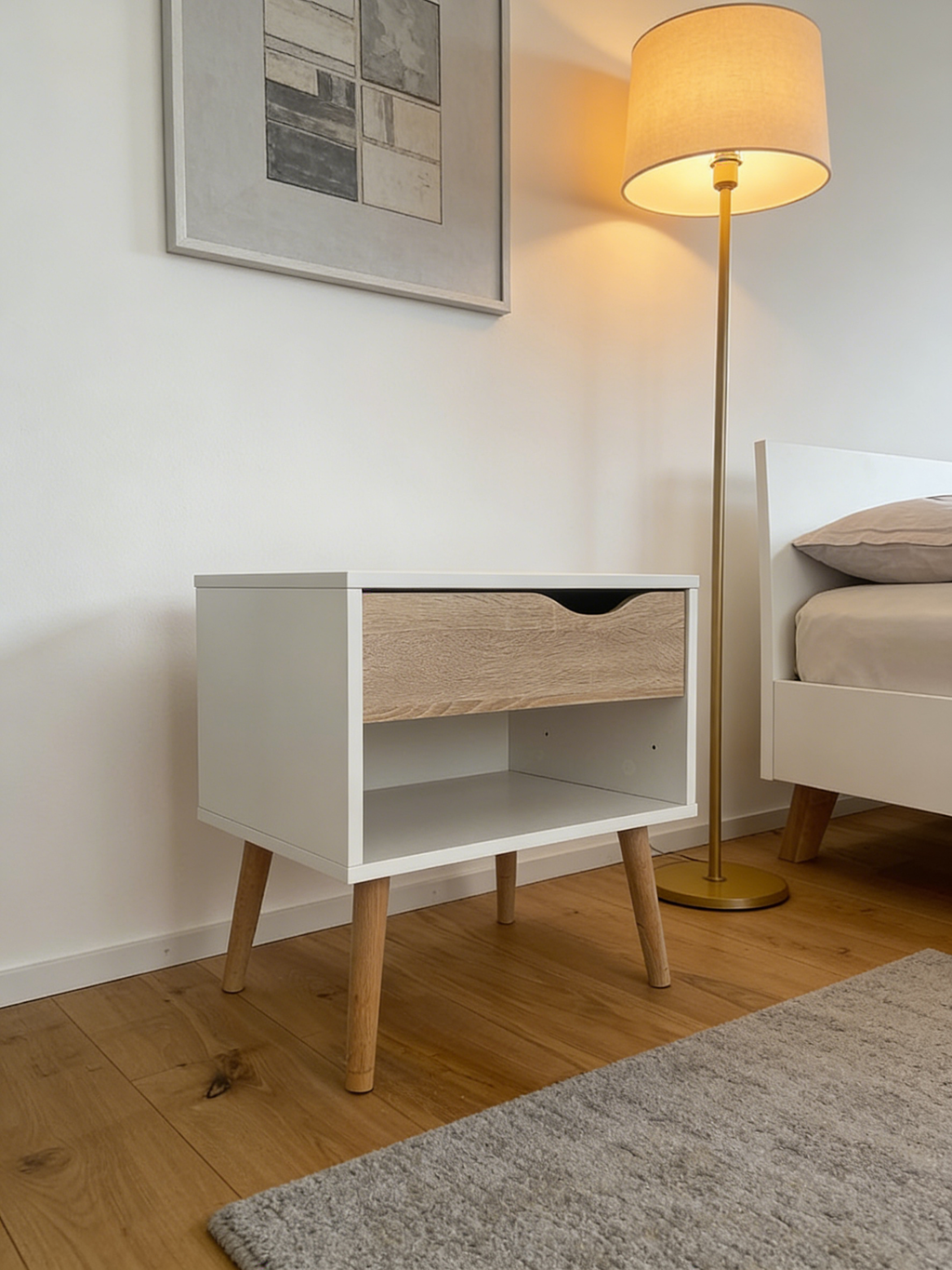 Skandinavischer Nachttisch Eiche-Weiß mit Schublade