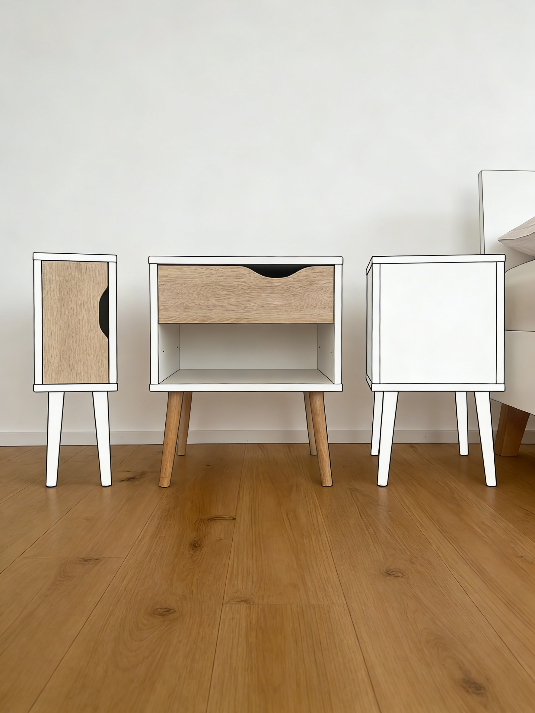 Skandinavischer Nachttisch Eiche-Weiß mit Schublade